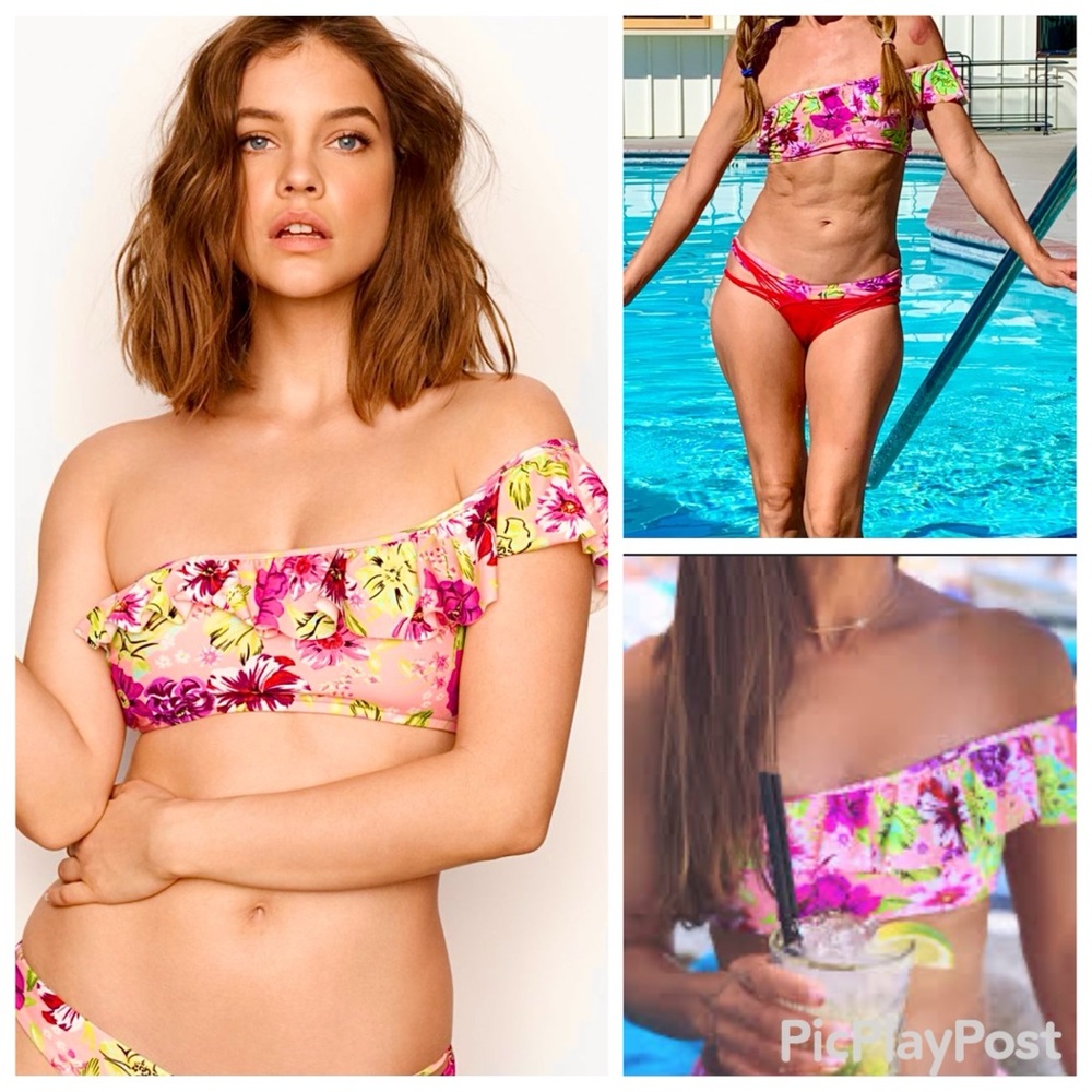 VICTORIA'S SECRET Pink Purple Red Floral 1 Shoulder Top & Thong SWIM Set EUC S